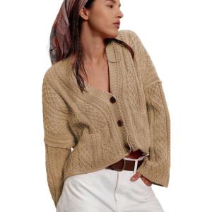 imageCHARTOU Women Cable Chunky Crop Cardigan Sweater V Neck Button Down Flared Sleeve Knit Sweater CoatKhaki