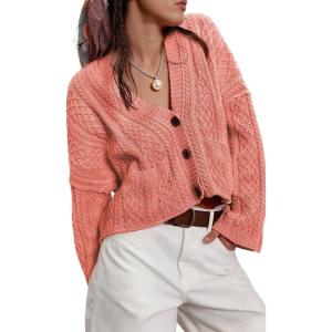 imageCHARTOU Women Cable Chunky Crop Cardigan Sweater V Neck Button Down Flared Sleeve Knit Sweater CoatRed