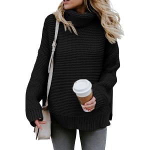 imageCHARTOU Women Chunky Knitted Turtleneck Sweater Oversized Cable Knit Sweater Pullover Warm Jumper TopBlack