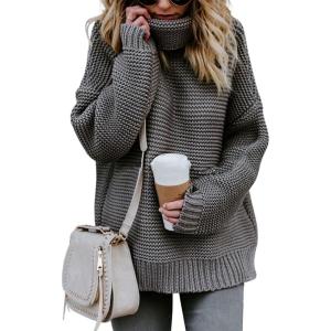 imageCHARTOU Women Chunky Knitted Turtleneck Sweater Oversized Cable Knit Sweater Pullover Warm Jumper TopGrey