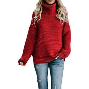 imageCHARTOU Women Chunky Knitted Turtleneck Sweater Oversized Cable Knit Sweater Pullover Warm Jumper TopRed