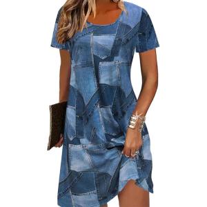imageCHARTOU Women Crew Neck Patchwork Denim Dress Short Sleeve Printed Club Faux Jean DressesBlue