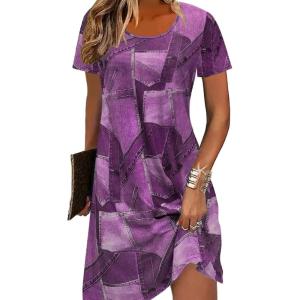imageCHARTOU Women Crew Neck Patchwork Denim Dress Short Sleeve Printed Club Faux Jean DressesPurple