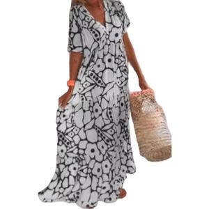 imageCHARTOU Women Cute Floral Graffiti Tiered Maxi Dress Boho Pleated Flowy Long Casual Loose Tunic DressBlack