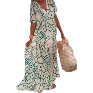 imageCHARTOU Women Cute Floral Graffiti Tiered Maxi Dress Boho Pleated Flowy Long Casual Loose Tunic DressGreen