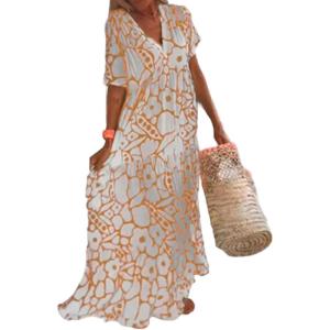 imageCHARTOU Women Cute Floral Graffiti Tiered Maxi Dress Boho Pleated Flowy Long Casual Loose Tunic DressOrange
