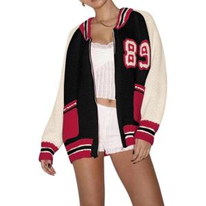 imageCHARTOU Women Fall Oversized Cardigan Sweater Zip Up Chunky Knit Varsity Bomber JacketBlack