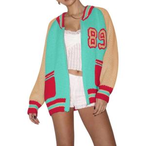 imageCHARTOU Women Fall Oversized Cardigan Sweater Zip Up Chunky Knit Varsity Bomber JacketBlue