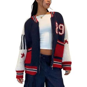 imageCHARTOU Women Fall Oversized Cardigan Sweater Zip Up Chunky Knit Varsity Bomber JacketNavy