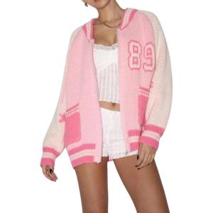 imageCHARTOU Women Fall Oversized Cardigan Sweater Zip Up Chunky Knit Varsity Bomber JacketPink