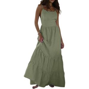 imageCHARTOU Women Spaghetti Strap Maxi Dress Backless Long Summer Dress Sundress Flowy Ruffle Tiered A Line Dress BeachLight Green