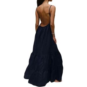 imageCHARTOU Women Spaghetti Strap Maxi Dress Backless Long Summer Dress Sundress Flowy Ruffle Tiered A Line Dress BeachNavy