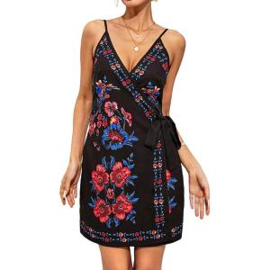 imageCHARTOU Women Summer Short Floral Boho Wrap Dress Spaghetti Strap Side Tie Asymmetrical Mini DressBlack