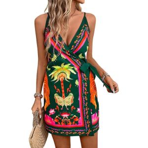 imageCHARTOU Women Summer Short Floral Boho Wrap Dress Spaghetti Strap Side Tie Asymmetrical Mini DressDark Green