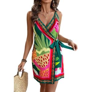 imageCHARTOU Women Summer Short Floral Boho Wrap Dress Spaghetti Strap Side Tie Asymmetrical Mini DressGreen
