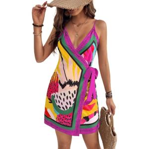 imageCHARTOU Women Summer Short Floral Boho Wrap Dress Spaghetti Strap Side Tie Asymmetrical Mini DressRose