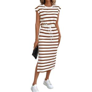 imageCHARTOU Women Summer Stripes Long Dress Cap Sleeve Adjustable Drawstring Waist Side Slit Midi DressBrown