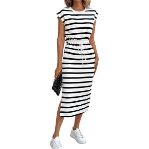 imageCHARTOU Women Summer Stripes Long Dress Cap Sleeve Adjustable Drawstring Waist Side Slit Midi DressWhite