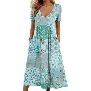 imageCHARTOU Women V Neck Boho Floral Patchwork Dress Beach Short Sleeve Cinched Loose Tunic DressBlue