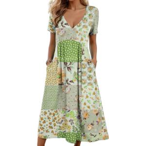 imageCHARTOU Women V Neck Boho Floral Patchwork Dress Beach Short Sleeve Cinched Loose Tunic DressGreen