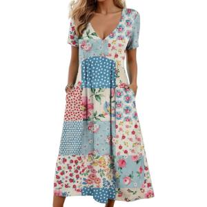 imageCHARTOU Women V Neck Boho Floral Patchwork Dress Beach Short Sleeve Cinched Loose Tunic DressPink
