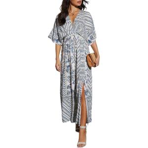 imageCHARTOU Womens Boho V Neck Batwing Short Sleeve Side Slit Floral Smocked Beach Maxi Long Sun DressBlue