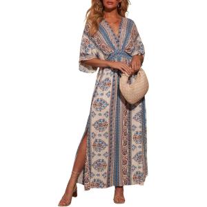 imageCHARTOU Womens Boho V Neck Batwing Short Sleeve Side Slit Floral Smocked Beach Maxi Long Sun DressDark Blue