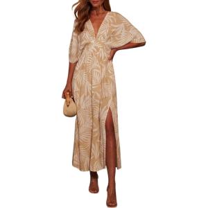 imageCHARTOU Womens Boho V Neck Batwing Short Sleeve Side Slit Floral Smocked Beach Maxi Long Sun DressFaw