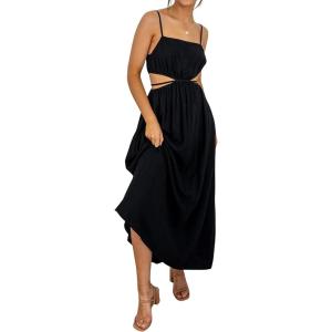 imageCHARTOU Womens Sexy Spaghetti Strap Cutout Ruffle Maxi Dress High Waist Club Party Flowy DressBlack