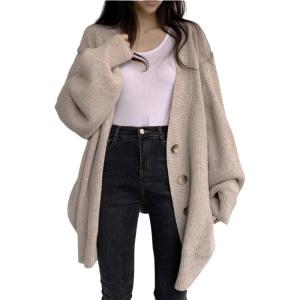 imageCHARTOU Womens Slouchy Jacket Lantern Sleeve RibKnit Oversized Open Front Cardigan Sweater CoatApricot