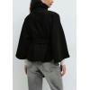 imageCHARTOU Women Batwing Sleeve Ponchos Pea Coat Wool Stand Collar Belt Capes Jacket Winter Cropped OvercoatBlack
