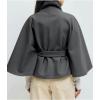 imageCHARTOU Women Batwing Sleeve Ponchos Pea Coat Wool Stand Collar Belt Capes Jacket Winter Cropped OvercoatGrey