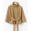 imageCHARTOU Women Batwing Sleeve Ponchos Pea Coat Wool Stand Collar Belt Capes Jacket Winter Cropped OvercoatKhaki