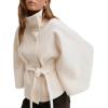 imageCHARTOU Women Batwing Sleeve Ponchos Pea Coat Wool Stand Collar Belt Capes Jacket Winter Cropped OvercoatWhite