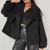 imageCHARTOU Women Double Breasted Crop Wool Pea Coat Jacket Winter Oversized Lapel Collar Trench CoatBlack