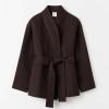 imageCHARTOU Women Elegant Open Front Wool Pea Coat Jacket Lapel Collar Thicken Warm Overcoat with BeltBrown