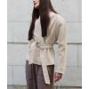imageCHARTOU Women Faux Suede Leather Crop Jacket 2025 Casual Band Collar Wrap Outwear Coat with BeltKhaki