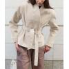 imageCHARTOU Women Faux Suede Leather Crop Jacket 2025 Casual Band Collar Wrap Outwear Coat with BeltKhaki