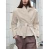 imageCHARTOU Women Faux Suede Leather Crop Jacket 2025 Casual Band Collar Wrap Outwear Coat with BeltKhaki