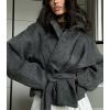 imageCHARTOU Women Winter Wool Trench Pea Coat Cropped Stand Collar Belted Short Jacket OutwearDark Grey