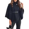 imageCHARTOU Women Batwing Sleeve Ponchos Pea Coat Stand Collar Capes Jacket Cloak Elegant Wool Coat with BeltBlack