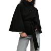 imageCHARTOU Women Batwing Sleeve Ponchos Pea Coat Wool Stand Collar Belt Capes Jacket Winter Cropped OvercoatBlack
