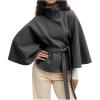 imageCHARTOU Women Batwing Sleeve Ponchos Pea Coat Wool Stand Collar Belt Capes Jacket Winter Cropped OvercoatGrey