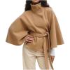 imageCHARTOU Women Batwing Sleeve Ponchos Pea Coat Wool Stand Collar Belt Capes Jacket Winter Cropped OvercoatKhaki