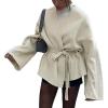 imageCHARTOU Women Cropped Wool Blend Pea Coat Fall Winter Belted Short Trench Overcoat Jacket Dressy OutwearBeige