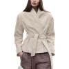 imageCHARTOU Women Faux Suede Leather Crop Jacket 2025 Casual Band Collar Wrap Outwear Coat with BeltKhaki