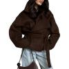 imageCHARTOU Women Winter Wool Trench Pea Coat Cropped Stand Collar Belted Short Jacket OutwearBrown