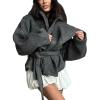 imageCHARTOU Women Winter Wool Trench Pea Coat Cropped Stand Collar Belted Short Jacket OutwearDark Grey