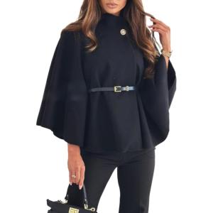 imageCHARTOU Women Batwing Sleeve Ponchos Pea Coat Stand Collar Capes Jacket Cloak Elegant Wool Coat with BeltBlack