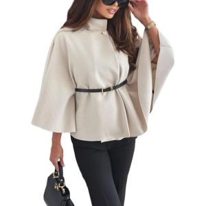 imageCHARTOU Women Batwing Sleeve Ponchos Pea Coat Stand Collar Capes Jacket Cloak Elegant Wool Coat with BeltKhaki